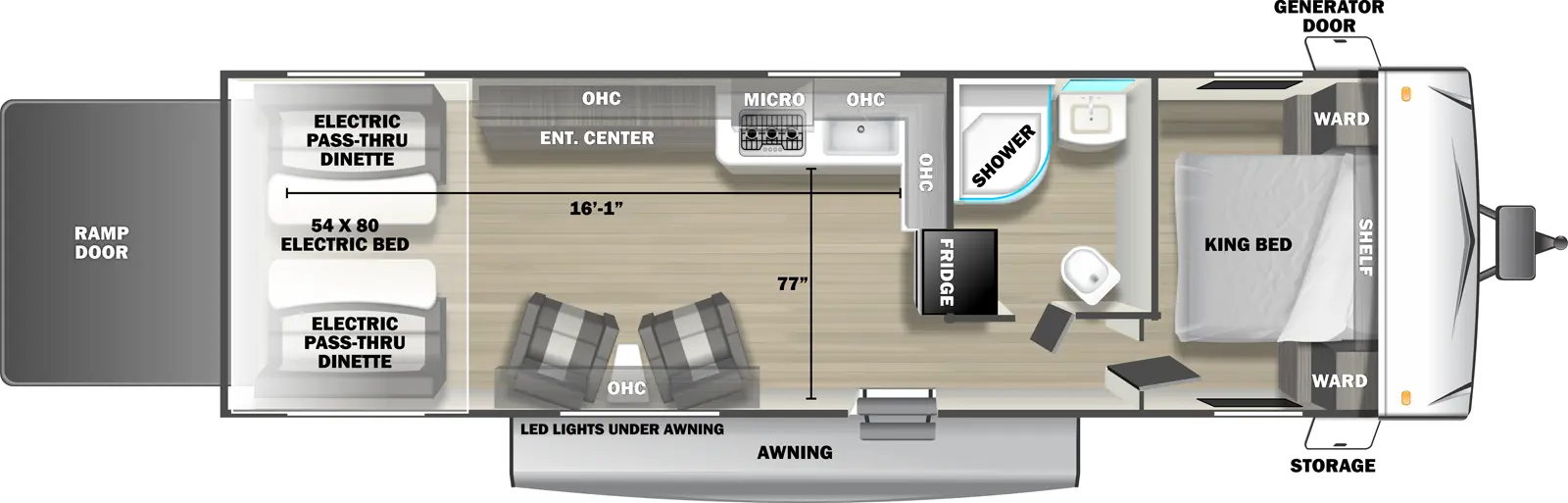 The 2730SLX travel trailer has no slide outs, 1 entry door and 1 rear ramp door. Exterior features include an awning with LED lights, front door side storage and front off-door side generator door. Interior layout from front to back includes: front bedroom with foot-facing King bed, shelf over the bed, and front corner wardrobes; off-door side bathroom with shower, linen storage, toilet and single sink vanity; off-door side kitchen with L-shaped countertop, overhead microwave, overhead cabinets, sink and rear facing refrigerator; door side overhead cabinet over 2 recliners with end table; off-door side entertainment center with overhead cabinet; and rear 54 x 80 electric bed over electric pass-through dinette. Cargo length from rear of unit to kitchen countertop is 16 ft. 1 in. Cargo width from kitchen countertop to door side wall is 77 inches.